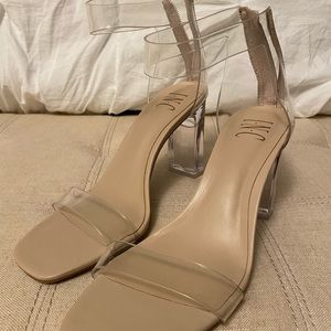 INC clear nude heels